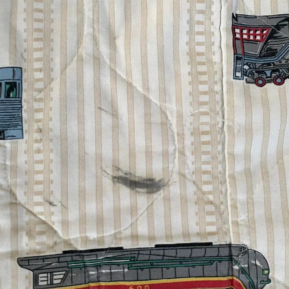 Vintage train locomotive quilt handmade striped tracks transportation kids 88x66